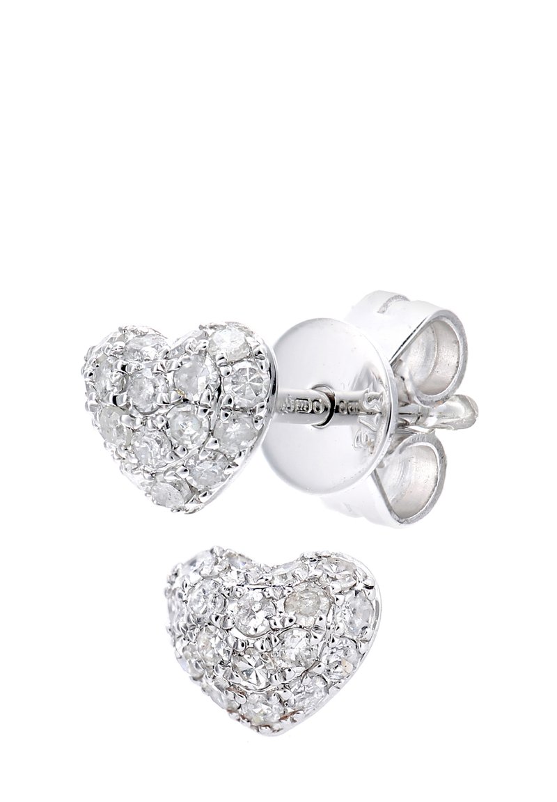 Srebrni uhani v obliki srca, okrašeni s prozornimi, svetlečimi kamni v okvirju; imajo zatič za varno nošenje.