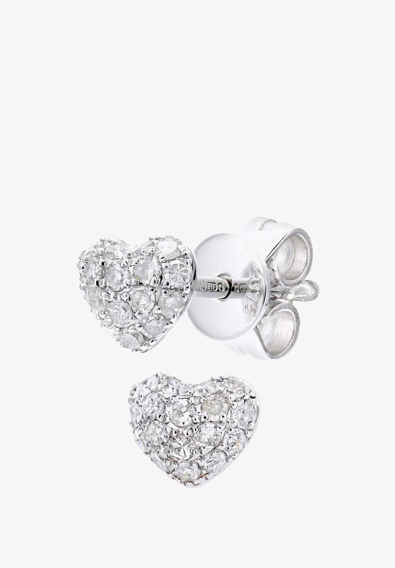 Srebrni uhani v obliki srca, okrašeni s prozornimi, svetlečimi kamni v okvirju; imajo zatič za varno nošenje.