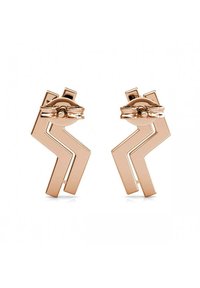 Orecchini in metallo rosa dorato caratterizzati da un design astratto a zigzag con accenti circolari. Finitura liscia e lucida con una forma geometrica moderna.