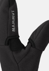 Black fleece glove with a three-finger design, featuring elastic wrist closures and "Mammut" logo in gray. Textured fabric surface.