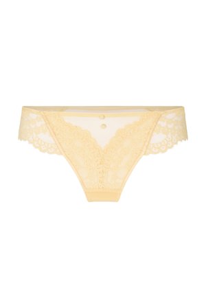 Gelber Spitzen-Bikini-Damenslip mit gewellten Rändern und zwei kleinen Knöpfen vorne.