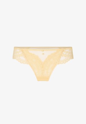 Geel kanten damesbikini ondergoed met geschulpte randen en twee kleine knoopjes aan de voorkant.