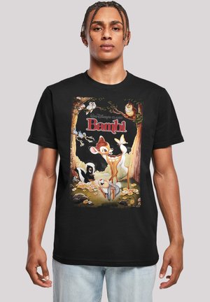 Black cotton t-shirt featuring a colorful "Bambi" graphic with cartoon characters among flowers and trees, showcasing a playful design.