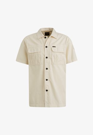 Beige Kurzarmhemd aus leichtem Stoff, mit zwei Brusttaschen, schwarzen Knöpfen und einem klassischen Kragen.