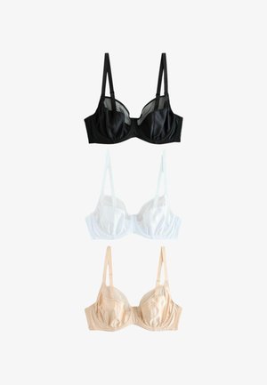 Drei Bügel-BHs in Schwarz, Weiß und Beige mit verstellbaren Trägern, vertikal auf weißem Hintergrund angeordnet.