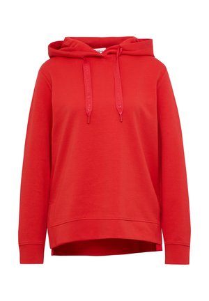 Felpa con cappuccio rosso, con cordini, maniche lunghe e una tasca frontale. Tessuto morbido con una vestibilità leggermente ampia e orlo.