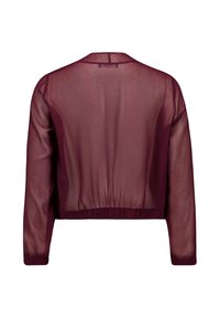 Veste courte transparente à manches longues en bordeaux profond avec taille et poignets élastiques, vue de dos sur fond blanc.