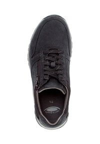 Schwarze Wildleder-Sneaker mit texturierten Oberflächen, runder Zehenpartie, Schnürdesign, seitlichem Reißverschluss und weicher Innenpolsterung. Strapazierfähige Gummisohle.