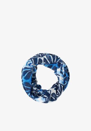 Sciarpa infinity blu e bianca con motivi astratti a foglia, tessuto morbido, disposta a forma circolare su sfondo bianco.