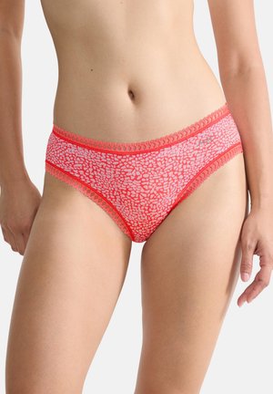 Rot-weiß gemusterte Bikinislip-Unterwäsche mit einer Spitzenborte an der Taille und den Beinen, die eine glatte Textur und eine figurbetonte Passform bietet.