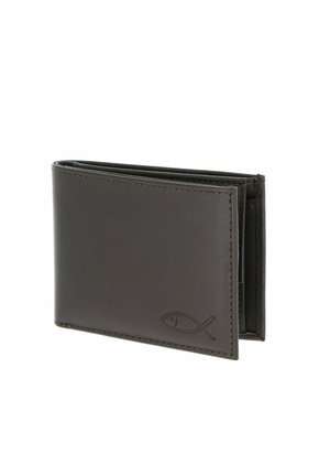 Portefeuille bifold en cuir marron foncé avec un petit symbole de poisson embossé en bas à droite.