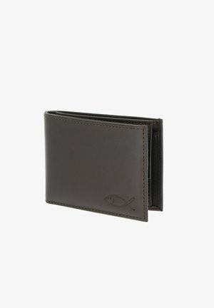 Dark brown leather bifold wallet with a small embossed fish symbol on the bottom right corner.