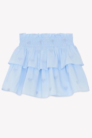 Light blue tiered ruffle skirt with an elastic waistband and textured heart patterns throughout, made of soft, lightweight fabric.
