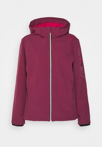 Bordowa ocieplana kurtka z zamkiem z przodu, regulowanym kapturem i czarnymi mankietami. Posiada boczne kieszenie oraz ozdobną naszywkę na rękawie.