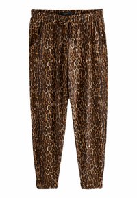 Jogginghose mit Leopardenmuster aus weichem Material, ausgestattet mit einem elastischen Bund mit Kordelzug, Seitentaschen und schmalen Bündchen. Braune und schwarze Farbtöne.