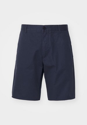 Shorts bleu marine en tissu léger avec fermeture à bouton, poches latérales, coupe droite et détails de couture visibles.