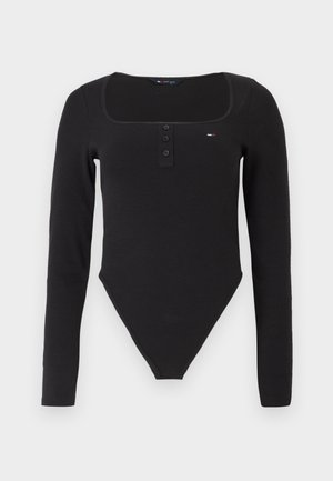 Body cu mâneci lungi negre, decolteu pătrat, trei nasturi în față și croială strânsă care se termină cu un design tip tanga.