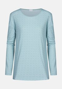Chemise à manches longues bleu clair avec un motif géométrique blanc, col rond et tissu doux. Conçue pour le confort et le style décontracté.
