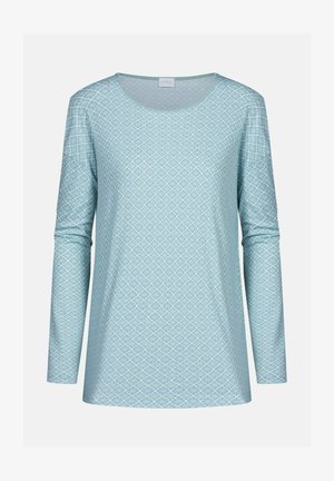 Lichtblauw langesleeve shirt met een geometrisch wit patroon, afgeronde halslijn en zachte stof. Ontworpen voor comfort en casual draagplezier.