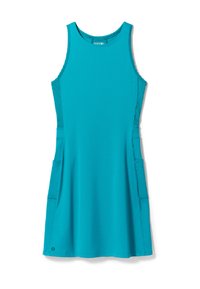 Abito senza maniche in tessuto teal, con tasche laterali, scollatura arrotondata e silhouette dritta. Texture liscia e stile activewear.