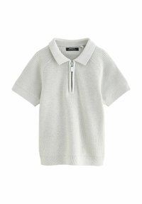 Hellgraues Strick-Poloshirt mit Reißverschluss-Ausschnitt, kurzen Ärmeln und gerippter Textur. Verfügt über einen flachen Kragen und eine lockere Passform.