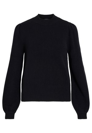 Μαύρο πλεκτό πουλόβερ με στρογγυλή λαιμόκοψη, φουσκωτά μανίκια πλήρους μήκους και ριμπ μανσέτες και τελείωμα. Απαλή υφή με μίνιμαλ σχεδιασμό.