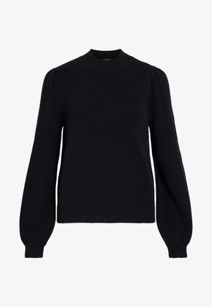 Camisola preta de malha com decote redondo, mangas compridas bufantes e punhos e bainha em malha canelada. Textura macia com design minimalista.