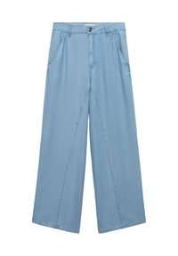 Ljusblå vida byxor i denim med knappstängning fram, sidfickor och en slät textur med vertikala sömmar.