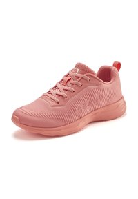 Rosa Sportschuh mit einem strukturierten Mesh-Obermaterial, Schnürung vorne und einer weichen Gummisohle. Mit Branding an der Seite und einem Zuglasche an der Ferse.