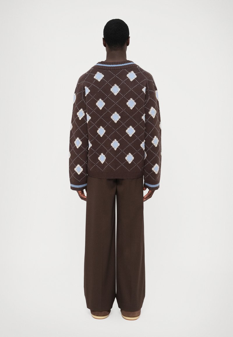Bruin gebreid vest met blauwe accenten, voorzien van ruitvormige patronen en lange mouwen, gecombineerd met brede bruine broek.