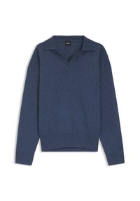 Dark blue sweater with a V-neck and short collar, featuring long sleeves and ribbed hem and cuffs. Made from a soft, textured fabric.