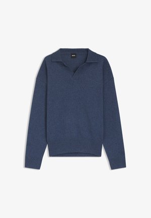 Dark blue sweater with a V-neck and short collar, featuring long sleeves and ribbed hem and cuffs. Made from a soft, textured fabric.