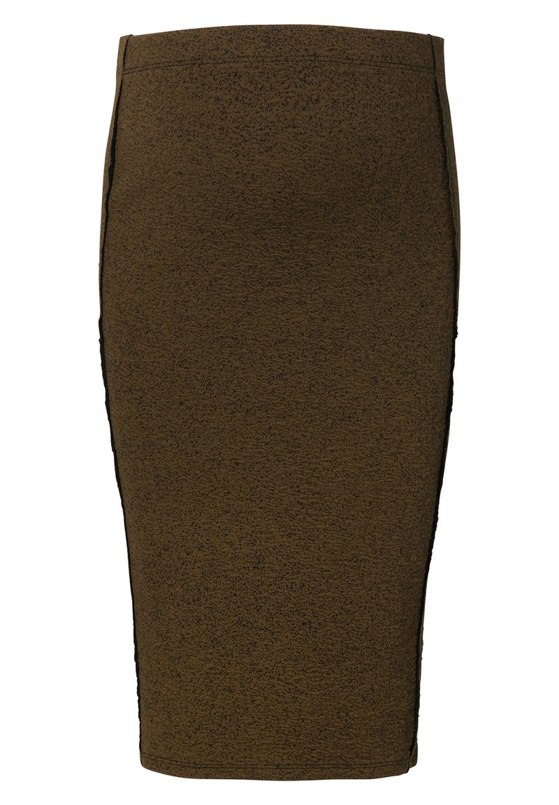 Falda lápiz marrón con textura y superficie lisa, que presenta acentos laterales en un color negro contrastante y un diseño a la altura de la rodilla.