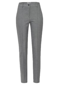 Gray tailored trousers made of textured fabric, featuring a slim fit, front crease lines, and a single button closure at the waist.
