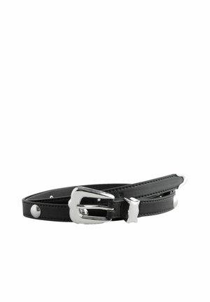 Ceinture en cuir noir avec une boucle en métal argenté et des accents de rivets, présentant un design slim et une texture lisse.
