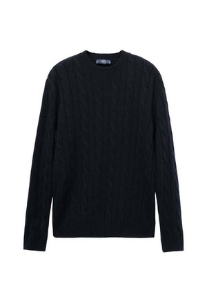 Pull en maille torsadée bleu sombre avec un col rond, des manches longues et des poignets et ourlet côtelés. Fabriqué en tissu texturé et respirant.
