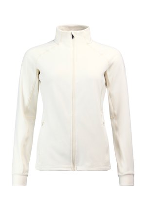 Světle krémová zipová bunda s dlouhými rukávy a vysokým límcem. Flexibilní materiál, dvě boční kapsy a jemné švy.