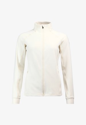 Jasnokremowa kurtka zapinana na zamek z długimi rękawami i wysokim kołnierzem. Elastyczny materiał, dwie boczne kieszenie i dyskretne detale szwów.