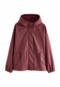 Bordo vodootporna jakna s kapuljačom, koja ima elastične manžete, dva bočna džepa i prednje kopčanje na dugme. Glatka tekstura, minimalistički dizajn.