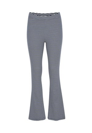 Marineblaue und weiße, horizontal gestreifte, ausgestellte Hose mit hoher Taille und enger Passform.