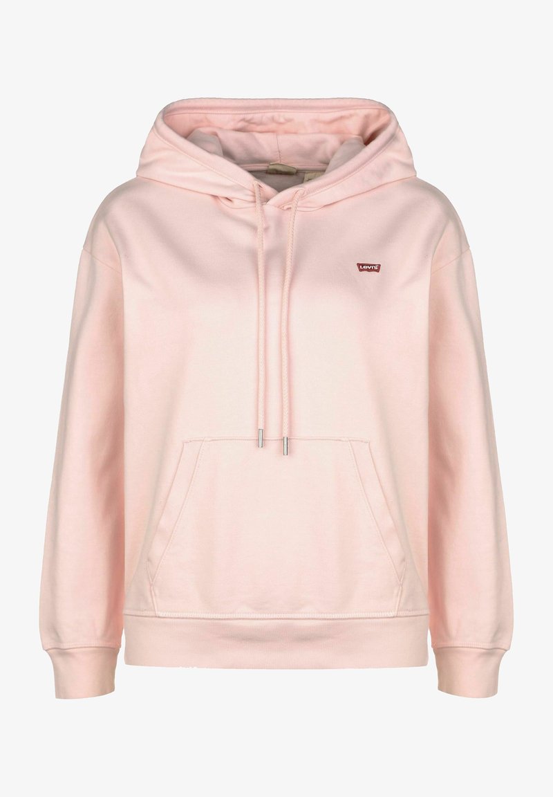 Sweat à capuche rose clair avec cordons, poche kangourou devant, poignets et ourlet côtelés, petit logo rouge Levi's sur la poitrine.