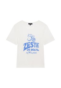 Vit bomulls T-shirt med en blå grafisk tryck av citroner och texten "ZESTE DE SOLEIL & Citrons pressés", med rund halsringning och korta ärmar.