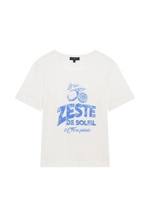 Camiseta de algodón blanca con un estampado gráfico azul de limones y el texto "ZESTE DE SOLEIL & Citrons pressés", con cuello redondo y mangas cortas.