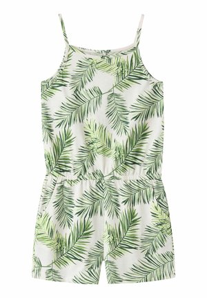Biały bezrękawnik z cienkimi ramiączkami, z zielonym, tropikalnym wzorem palmowych liści pokrywającym całość oraz elastycznym stanem.