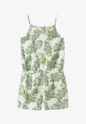 Λευκό ολόσωμο σορτς χωρίς μανίκια με λεπτές τιράντες, διακοσμημένο με ολόκληρο μοτίβο από πράσινα τροπικά φύλλα φοίνικα και με ελαστική μέση.