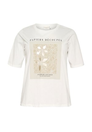 T-shirt en coton blanc à manches courtes, avec un motif floral beige et le texte "PAPIERS DÉCOUPÉS" et "FLOWER STUDIO."