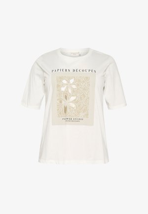 Valge puuvillane T-särk lühikeste varrukatega, millel on beež lilleline graafika ja tekst "PAPIERS DÉCOUPÉS" ning "FLOWER STUDIO."
