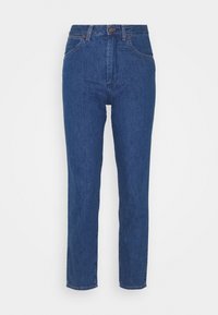 Modré denimové džíny s vysokým pasem, rovný střih nohavic, přední kapsy a zapínání na knoflík. Obsahují jemné detaily v šití.