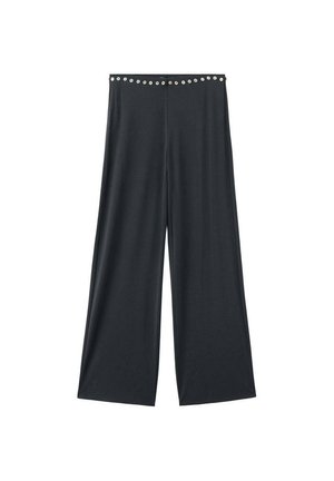 Pantalones negros de pierna ancha con cintura alta decorados con ojales plateados espaciados uniformemente a lo largo de la cinturilla.