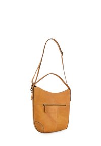 Sac à bandoulière en cuir beige avec un dessus incurvé, une poche zippée extérieure et des surpiqûres contrastées. Texture lisse avec une forme souple et structurée.